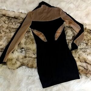 Black Mini Sheer Bodycon women's Dress. Size S. Color Black w/Tan Sheer.